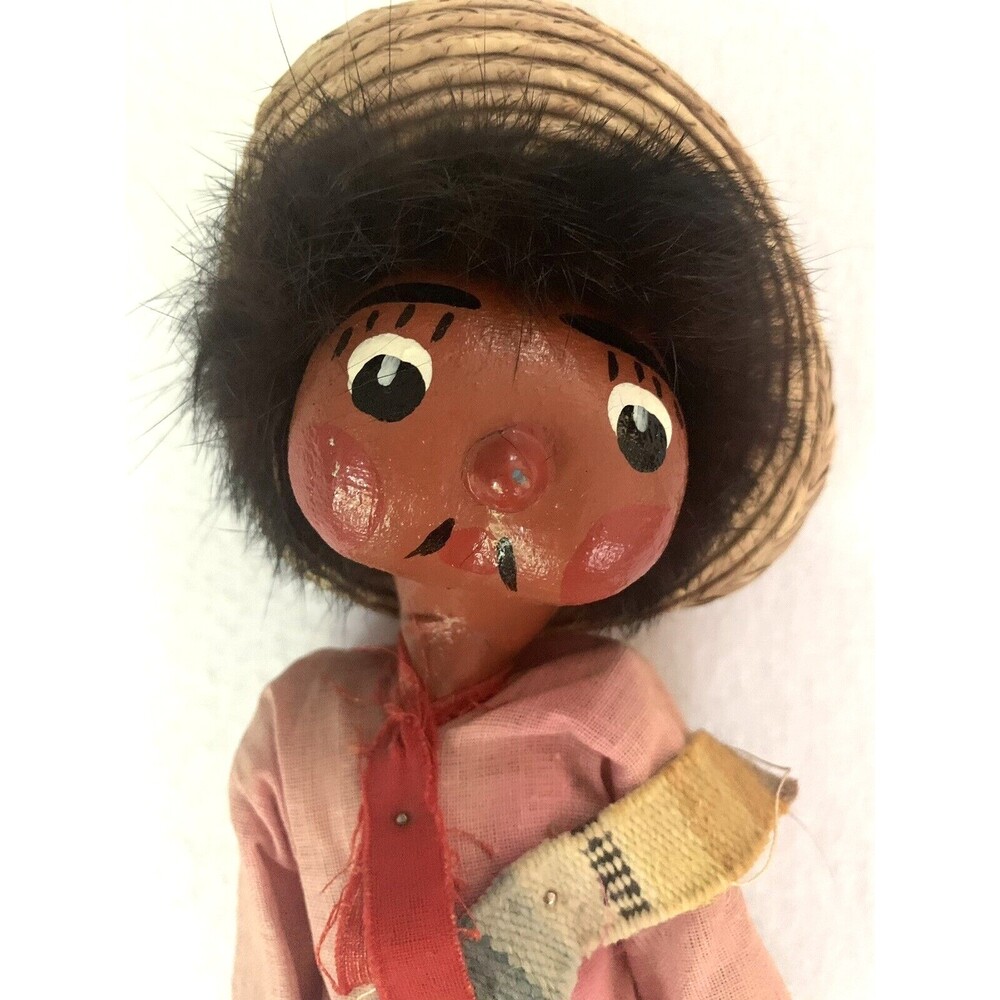 Vintage 70s Handmade Painted Mexican Boy Doll Oil Cloth 11" Folk Art Sombrero - Picture 3 of 9